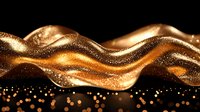 Abstract golden liquid wave with glitter and sparkles flowing on dark background, luxury metallic fluid motion creates elegant dynamic curves and splashes.