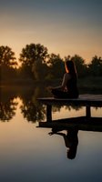 Woman meditating in lotus pose on wooden dock at sunset with peaceful lake reflection and golden hour lighting for wellness and mindfulness concepts.