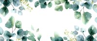 Watercolor eucalyptus leaves frame with delicate green foliage and small white flowers on white background, botanical border design for wedding stationery.