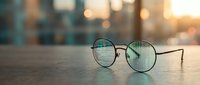 Round eyeglasses with thin metal frames resting on wooden surface against blurred urban background with warm golden hour lighting and bokeh effects.