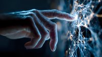 Human hand reaching toward glowing neural network connections with electric sparks and digital energy effects on dark background for technology concepts.