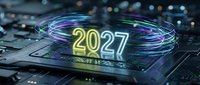 Year 2027 neon glowing text on futuristic circuit board with digital light trails, representing future technology, innovation, and next generation computing advancement.