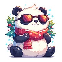 Cute cartoon panda wearing red sunglasses and winter scarf, surrounded by holly leaves and berries. Cheerful holiday character with kawaii style on white background.