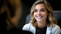 Young female medical professional in white coat and patterned blouse smiling warmly at camera with confident expression, blonde wavy hair frames natural makeup look.