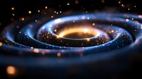 Cosmic spiral with glowing blue and gold light trails against dark space background, sparkling particles and bokeh effects create mesmerizing galaxy formation.