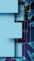 Modern geometric composition with blue palm leaves and white linear elements on dark gradient background, creating depth through layered shapes and tropical accents.