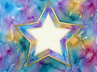 Watercolor star frame with vibrant purple, blue and gold splashes on textured paper background for creative projects and artistic designs.
