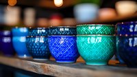 Colorful ceramic tea cups with geometric patterns in vibrant blue, turquoise and green tones arranged in row on wooden surface with soft bokeh background.