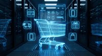 Digital shopping cart with glowing icons in futuristic data center environment for e-commerce technology and online retail business concepts.