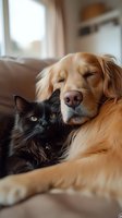 Golden Retriever dog and black cat cuddling together on couch, showing peaceful friendship between pets. Close-up portrait captures tender moment of animal companionship.