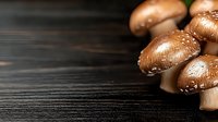Fresh brown shiitake mushrooms on dark wooden background with copy space for culinary and cooking projects.