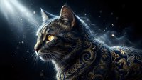 Majestic tabby cat with ornate golden decorative patterns gazing into cosmic starlight against dark mystical background for fantasy art projects.