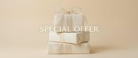 Two elegant gift boxes wrapped in cream paper with a satin bow, stacked on beige background with special offer text for holiday promotions.