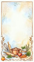Watercolor kitchen frame with cooking utensils, copper pot, rolling pin, whisk, fresh vegetables, and ornate tile border, with copy space for recipe cards.