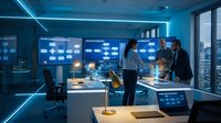Business team analyzing data in futuristic control room with multiple screens and blue lighting for corporate presentations and technology concepts.