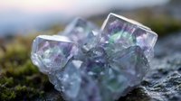 Natural fluorite crystal cluster with purple and green hues on moss-covered rock surface in outdoor mountain setting for geology and mineral collection.