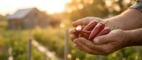 Farmer hands holding fresh harvest beans at sunset in organic vegetable garden with warm golden light and blurred greenhouse background for agriculture concepts.