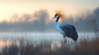 Grey crowned crane standing in misty wetland at sunrise, silhouetted against golden morning light and fog, dramatic nature scene capturing wild bird in natural habitat.