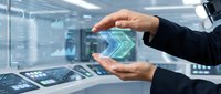 Businessman hands protecting holographic microchip in modern data center showcasing cybersecurity and technology protection concepts for business.