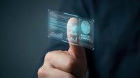 Businessman touching futuristic holographic interface with fingerprint scanner and digital security elements for cybersecurity authentication concepts.