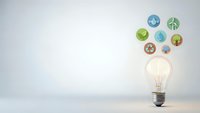Glowing light bulb with floating eco-friendly icons representing renewable energy, recycling, and sustainability concepts on clean white background.