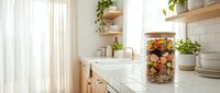 Modern kitchen interior with glass jar filled with colorful dried fruits and nuts on white marble countertop, wooden shelves with plants and dishes.