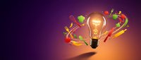 Creative lightbulb with colorful vegetables and fruits floating around on gradient purple orange background representing healthy food innovation concept.