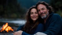 Happy mature couple embracing by campfire during romantic outdoor evening together sharing intimate moment in nature setting.