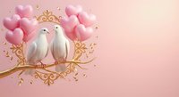 Two white doves perched on ornate golden branch with pink heart balloons and confetti on soft pink gradient background for romantic celebrations.