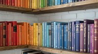Colorful rainbow collection of books arranged on wooden shelves creating vibrant library display for education and reading concepts.