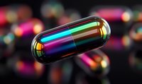 Iridescent pharmaceutical capsule with rainbow metallic surface reflecting colorful light on dark background. Medical and healthcare concept.