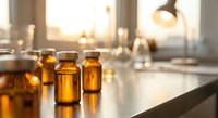 Amber glass vials and bottles arranged on laboratory counter with warm sunlight streaming through windows creating professional pharmaceutical workspace.
