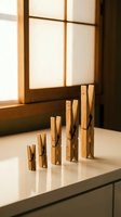 Five wooden clothespins arranged by size on a white surface near a warm sunlit window, creating a minimalist home concept.