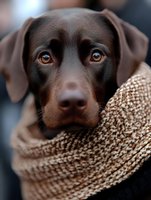 Close-up portrait of chocolate brown Labrador retriever wearing knitted beige scarf, showing soulful amber eyes and gentle expression against blurred background.