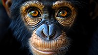 Close up portrait of young chimpanzee face showing detailed amber eyes, expressive features and gentle smile against dark background, wildlife photography.
