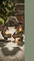 Rustic wooden bird house decorations with warm LED lights and small succulents on outdoor patio table creating cozy garden ambiance for home decor.