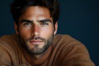 Close up portrait of young Mediterranean male model with blue eyes and stubble beard wearing brown sweater against dark background, dramatic lighting.