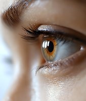 Close-up macro shot of amber colored human eye showing detailed iris pattern, long eyelashes and reflective surface. Soft focus creates dreamy atmosphere.