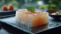 Fresh scallop sashimi slice on black stone plate garnished with cilantro leaf, selective focus with soft bokeh background showing Asian dining setting.
