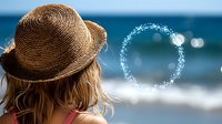 Young woman in straw hat looking at ocean with magical glowing circle of sparkles and bokeh lights against blue seascape background on sunny summer day.