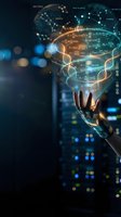 Robotic hand holding glowing holographic brain with DNA strands and mathematical equations, representing artificial intelligence, machine learning, and scientific innovation.