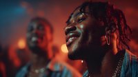 Young African American man with dreadlocks smiling in colorful neon lighting. Modern urban portrait with vibrant red and blue tones for creative projects.