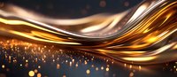 Luxurious golden waves flow with sparkling bokeh particles against dark background, creating elegant abstract motion design for luxury branding and backgrounds.