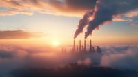 Industrial factory chimneys emitting smoke at dramatic sunset, silhouetted against orange sky with fog and clouds creating atmospheric mood. Environmental concept.