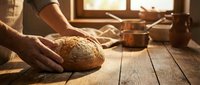 Hands placing fresh baked artisan bread on rustic wooden table in warm kitchen setting with natural sunlight streaming through window.