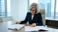 Professional blonde businesswoman in glasses reviewing documents at modern office desk with city skyline view through windows for corporate presentations.