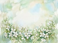 Soft watercolor floral background with white blooms and green leaves on pastel blue and sage green wash, perfect for cards and invitations.