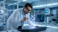 Male scientist examining holographic DNA double helix model in modern laboratory for genetic research and biotechnology innovation.