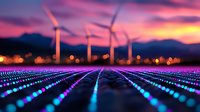 Wind turbines at sunset with glowing purple LED light rows in agricultural field, renewable energy concept combining modern farming and sustainable power generation.