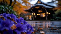 Purple hydrangea flowers blooming in foreground with traditional Japanese temple architecture blurred in background during autumn season.